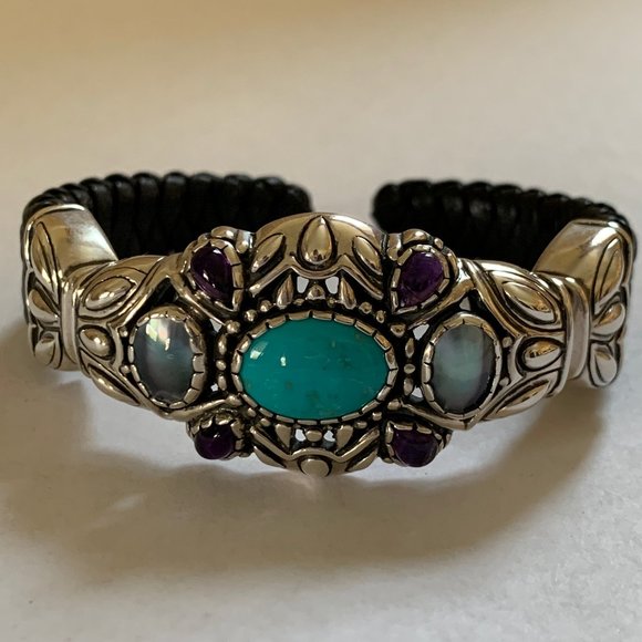 Carolyn Pollack 925 Gems & Leather Cuff Bracelet